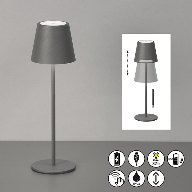 FH Lighting LED-Tischleuchte VILETTO in Metall sandgrau, Stehlampe, Bodenlampe, Schirmlampe, LED-Lampe, einfache Form