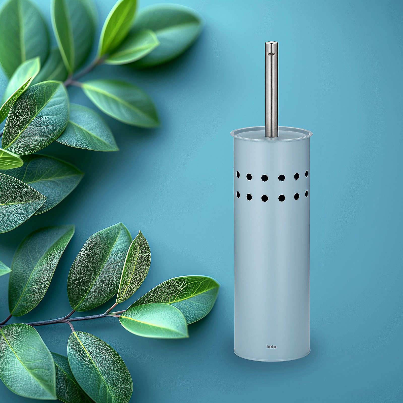 Kela WC-Garnitur LEO in Farbe Frostblau, kitchen gadget, Stahlrohr?, perforiertes Gehäuse, blauer Behälter, Küchenzubehör, Stabmülleimer, Küchenzubehör, Silber, Löcher-Design, Stabmülleimer-Artikel?