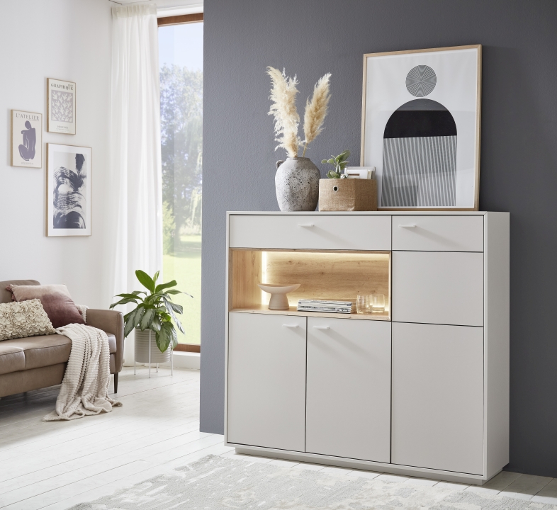 Highboard CORUNA in Weiß, Esstisch, Sideboard, Wohnzimmermöbel, Vitrinenkombination, Regalbeleuchtung