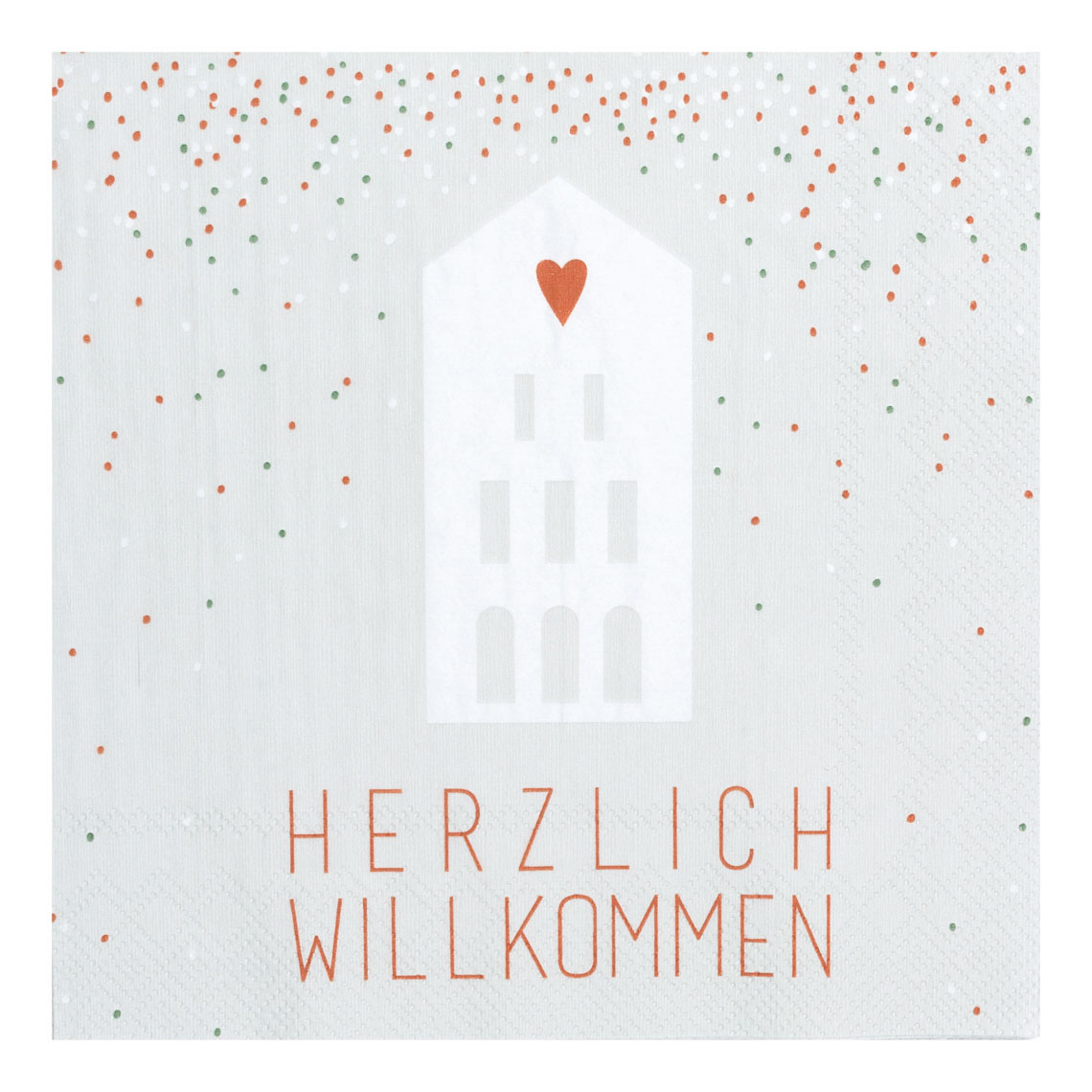 Serviette Herzlich Willkommen, Hochformat, Häuschen, Herzlich Willkommen, Herz, feierlich