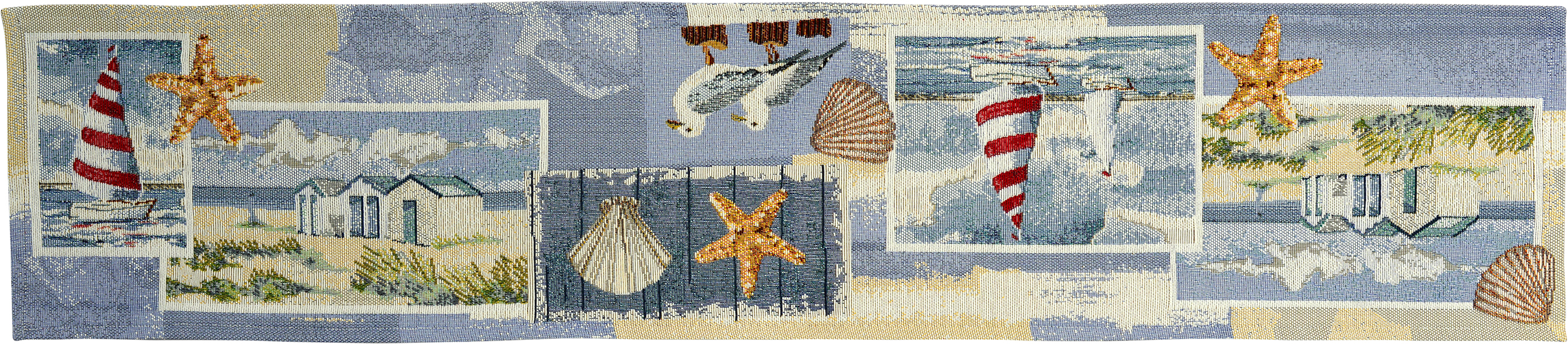 Sander Tischband BEACH HOUSE ca. 20x96cm in Farbe original, Schiffchen, See, Muschel, Sonnenstern, Strandbild