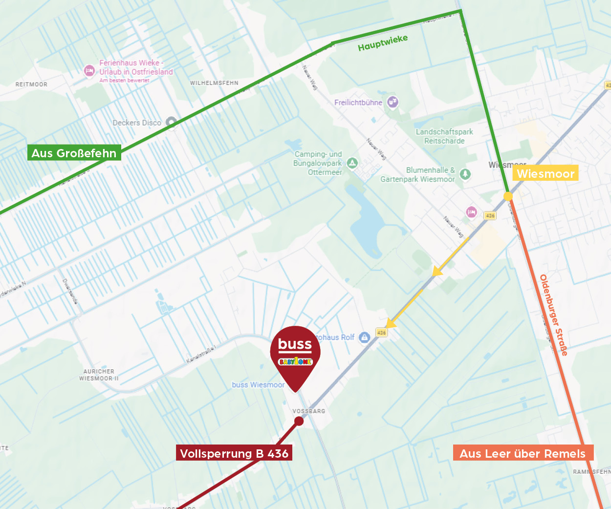 Karte, Route, Bushaltestelle, Wiesmoor, Straße, buss, Wiesmoor, Busbahnhof, Vollsperrung, Straßenkarte, Karte, Route, Bushaltestelle, Wiesmoor, B436