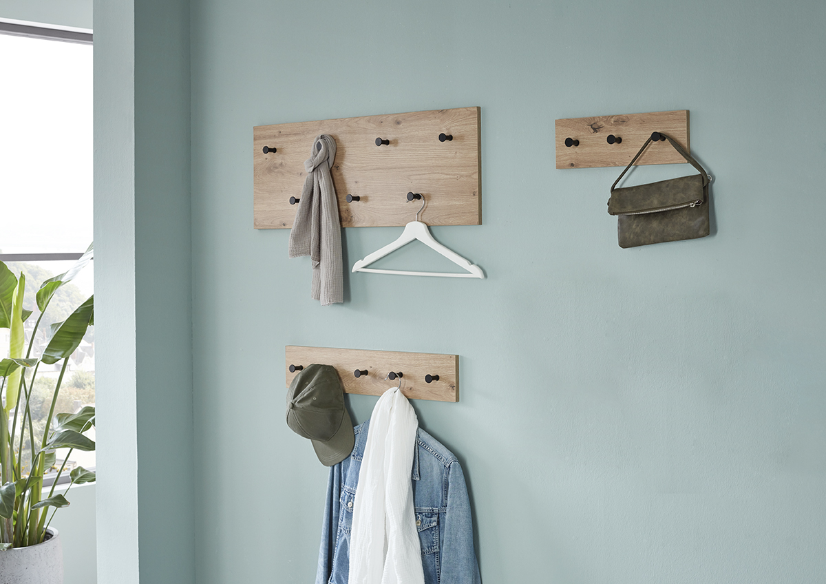 Wandgarderobe in Schwarz, Garderobenhaken, Holzpaneel, Wandhaken, Kleiderhaken, Hänger