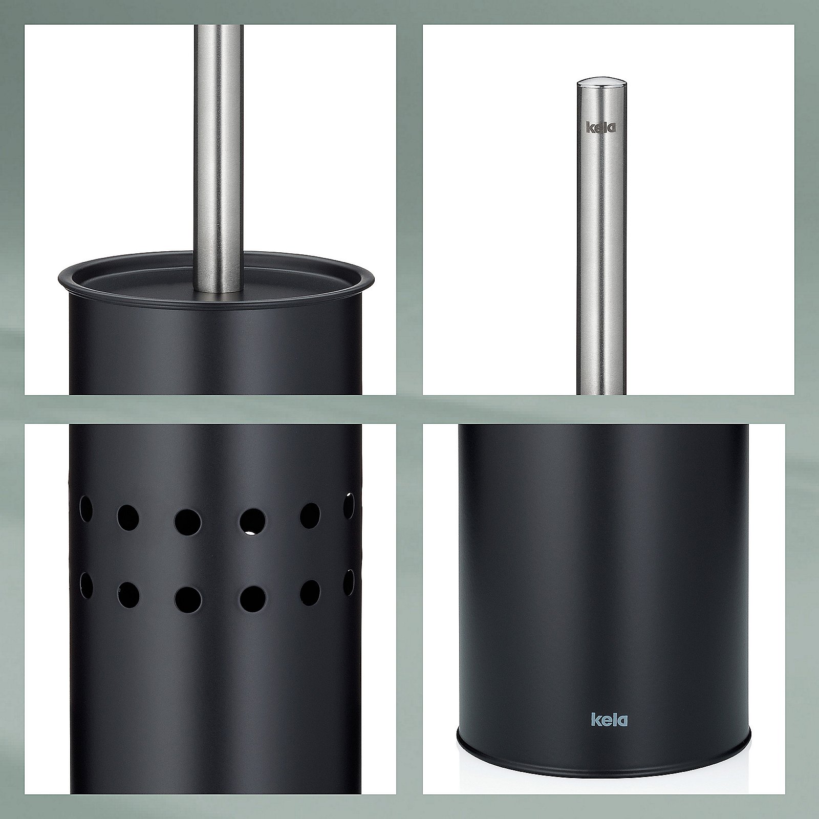 Kela WC-Garnitur LEO in Farbe Schwarz, Stoffkorb, Abfalleimer, Perforationen, Stahlrohr, schwarz, Toilettenbürste, Behälter, schwarz, Metallstange, Durchbohrung