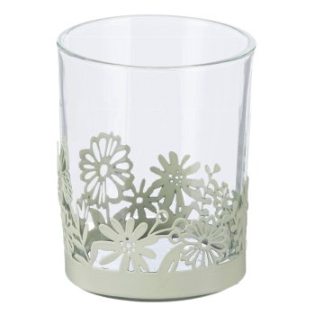 Glas Teelicht m.Dekor 4324024-51 in Grün Gasper Metall Teelicht m.Blumendekor in Farbe Hellgrün