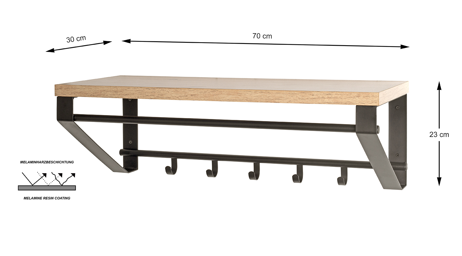 Haku Möbel Wandgarderobe ca. B70 H23 T30 cm in Metall schwarz pulverb., Moebel, Tabelle, Kaffeetisch, Esstisch
