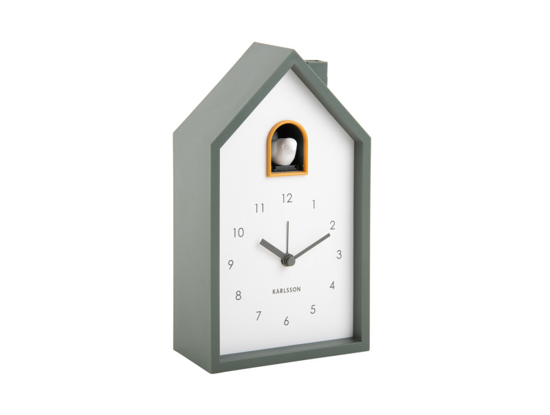 Wecker MODERN CUCKOO in Fb. jungle green, 12x20x6cm, Wanduhr, Kuckucksuhr, Holzrahmen, Graugrün, analog