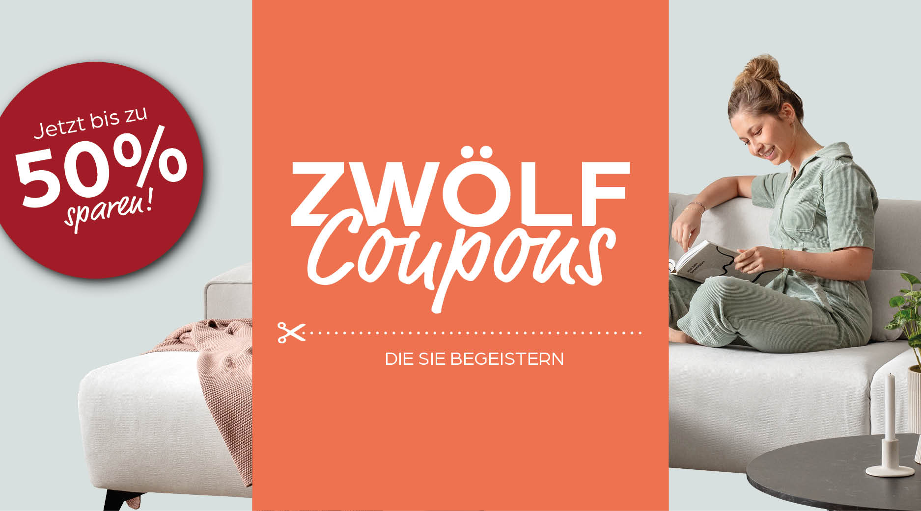 💸 buss Couponheft - jetzt bis zu 50% sparen! Gutschein, Werbekampagne, Rabatt, Kreis-Logo, Collage, Coupon, Promotion, Möbel, Sofa, Sofa-Kachel, coupon, promotion, gift, Sofa, Frau liest