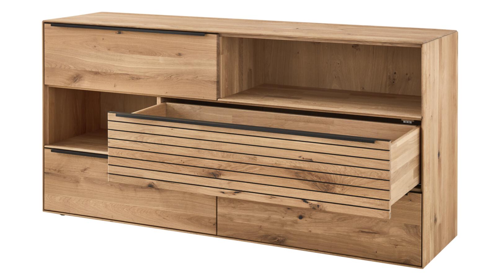Decker Sideboard in Asteiche bianco geb., Sideboard, Eichenholz, Aufbewahrungseinheit, Schubladen, Glatte Lamellen-Schublade