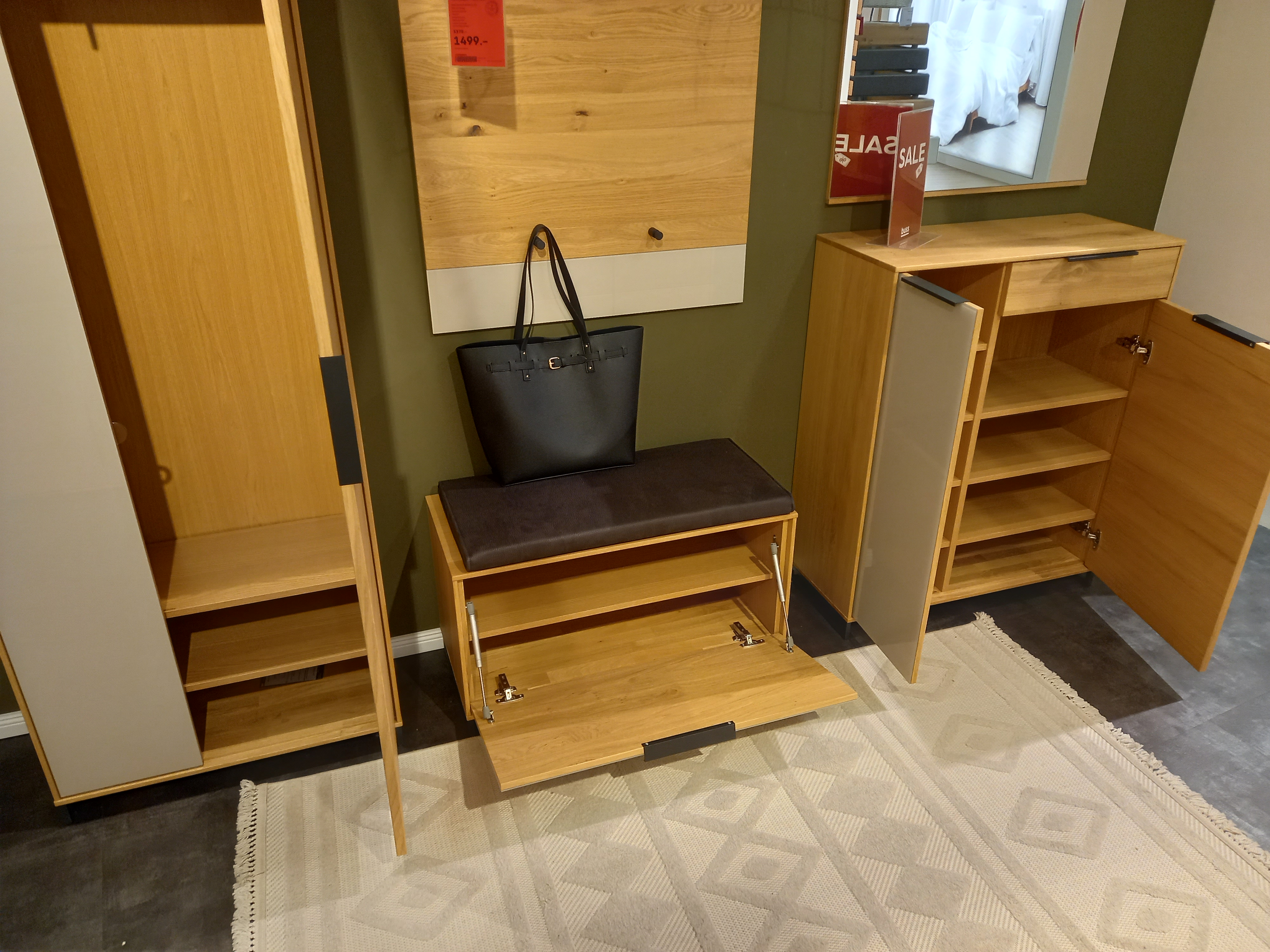 Garderobenkombi 6-teilig  in Eiche bianco/Balkeneiche furn., Garderobenmöbel, Eichenholzoptik, Sitzbank mit Stauraum, Schuhregal, Wandspiegel