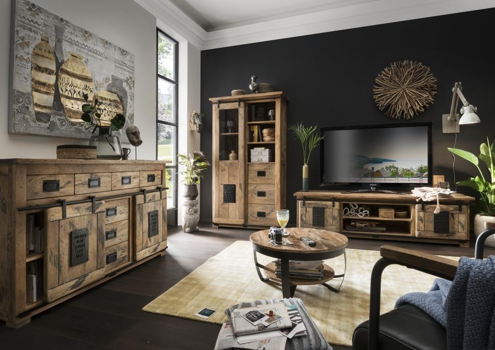 Direct 4 Home Vitrine Slyder ca. 100 x 175 x 45 cm in Mango massiv vintage