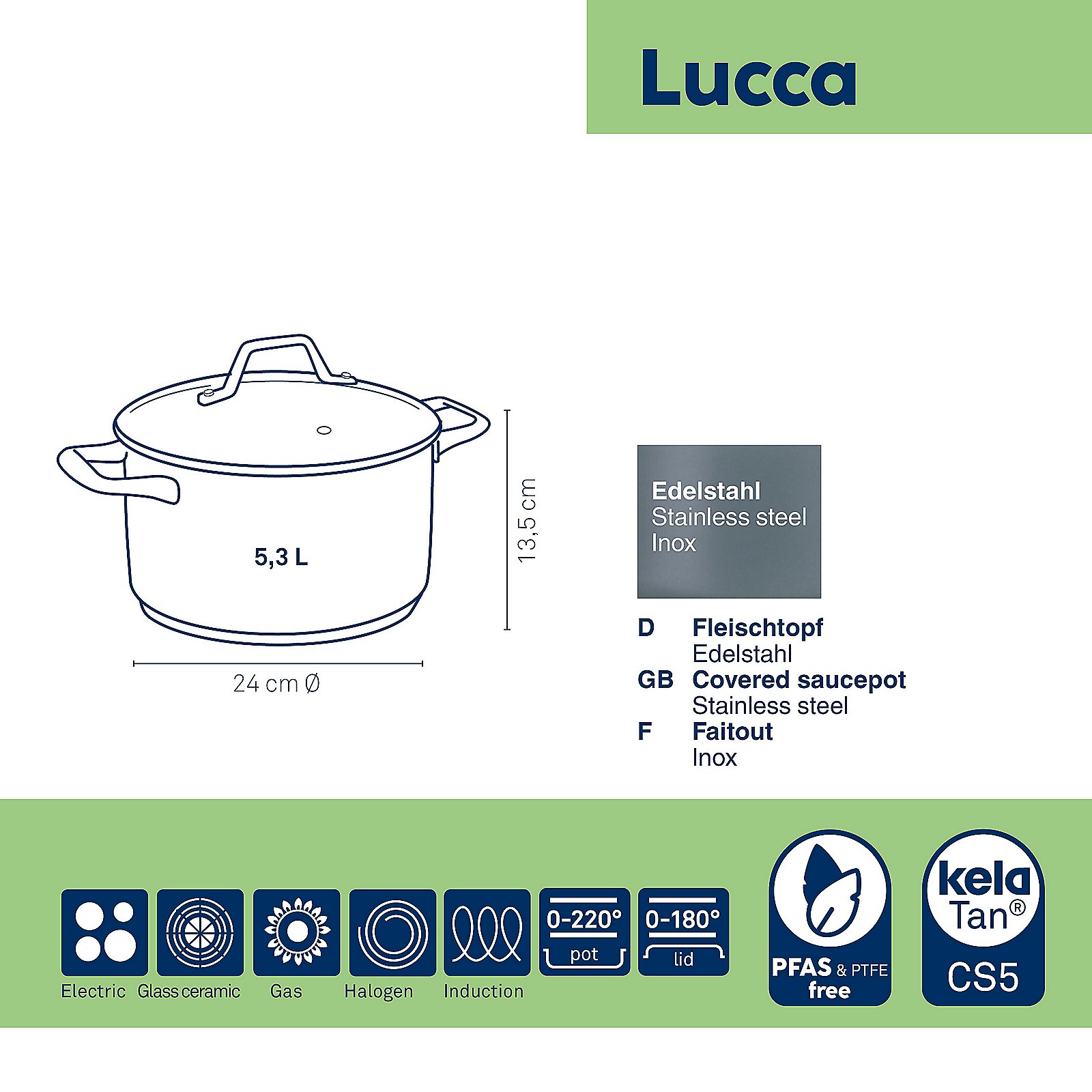 Kela Fleischtopf LUCCA in Farbe silber glänzend, Edelstahltopf, Abgedeckte Pfanne, 5,3 L, 24 cm Ø, Deckel