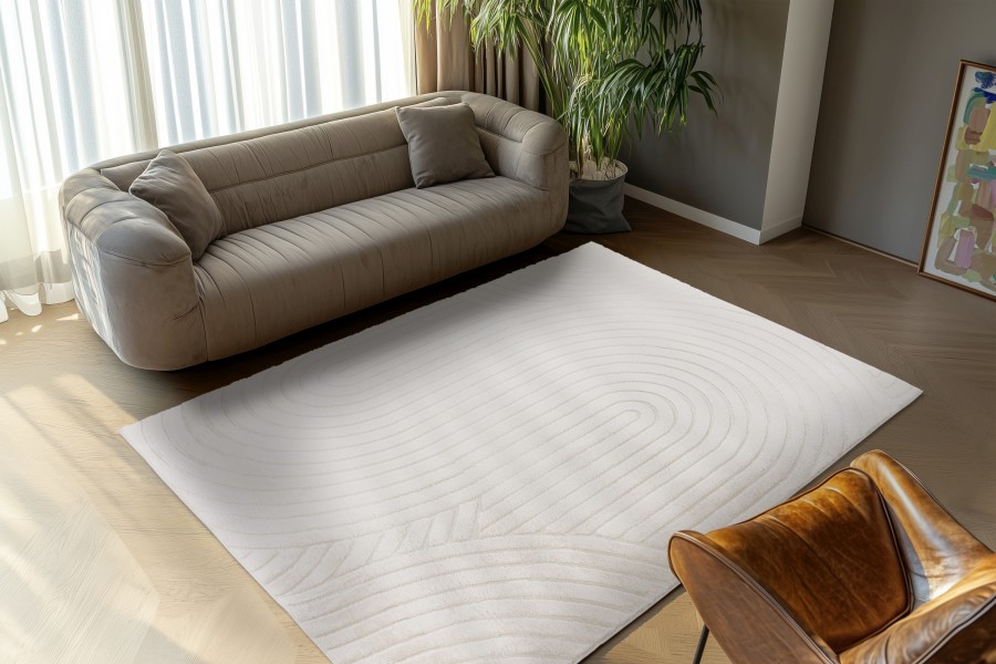 Webteppich COMFORT ca. 80x150cm in Farbe ivory, Teppich, Wohnzimmer, Rundmuster, helles Grau, Rindslederstuhl
