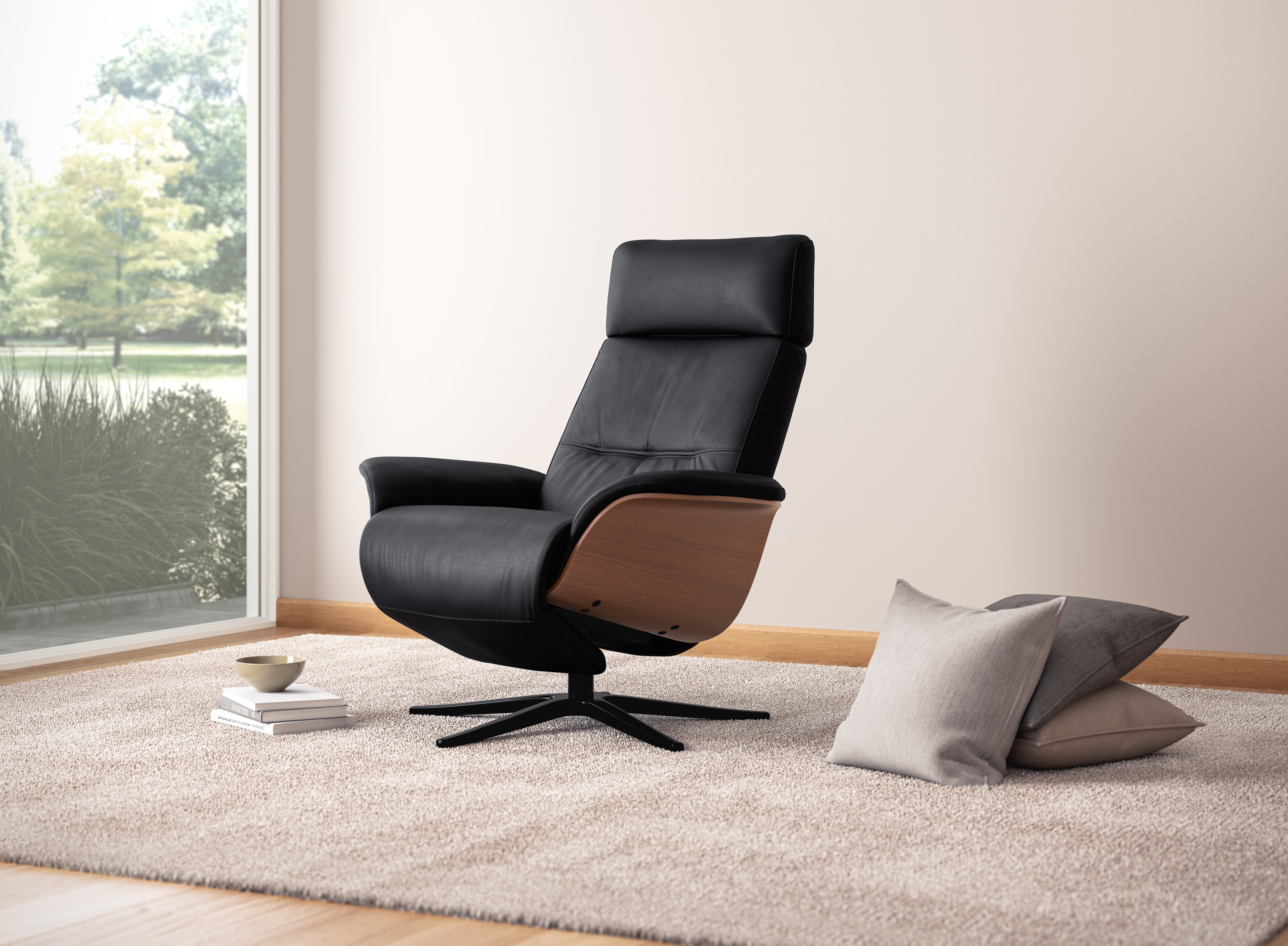 Sessel Space in Leder Prime black/Walnuß