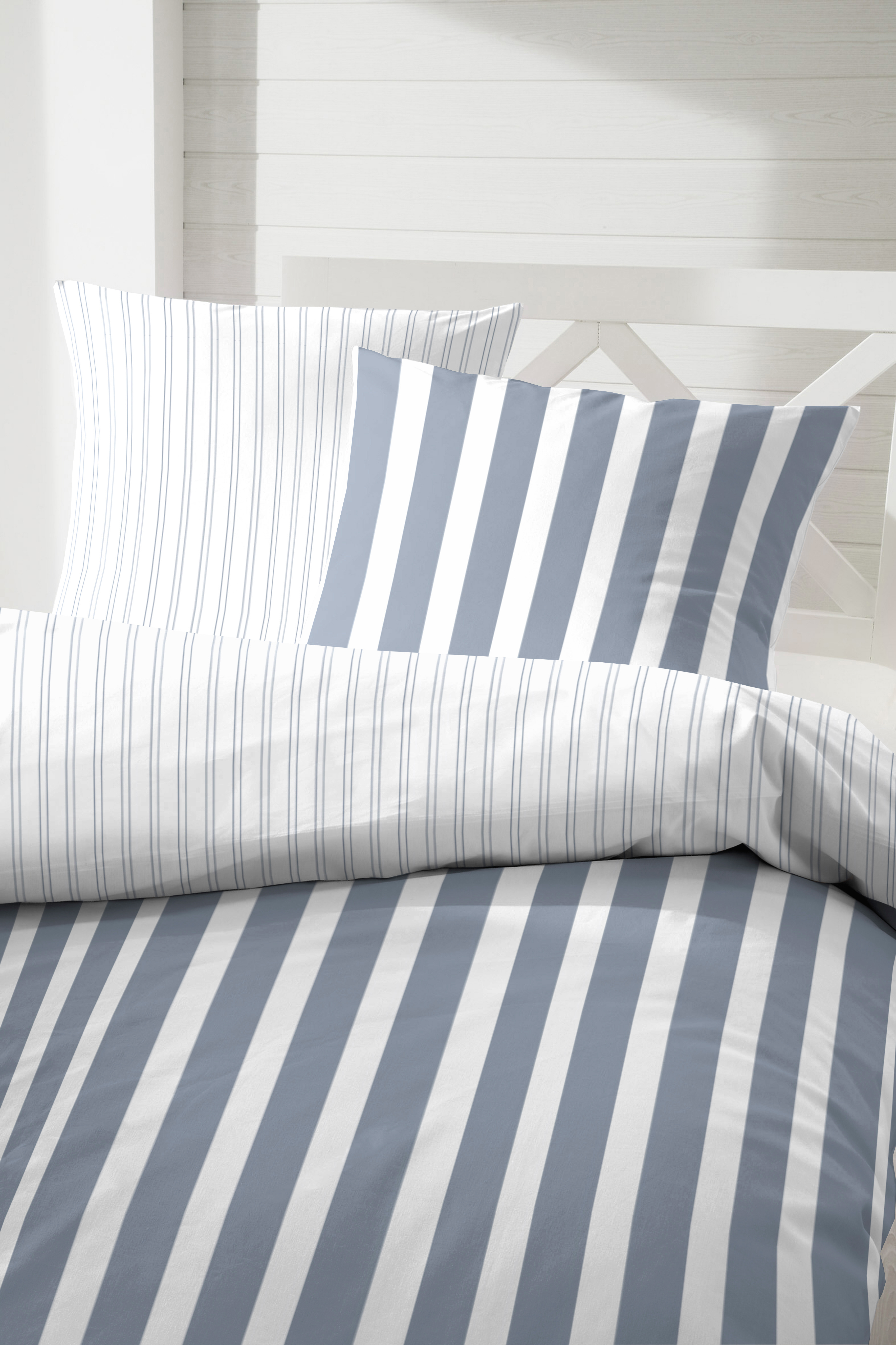 Hahn Haustextilien Perkal-Bettwäsche 155x220cm ca. 155x220cm, Kopfkissen ca. 80x80cm in Farbe blau/weiß gestreift