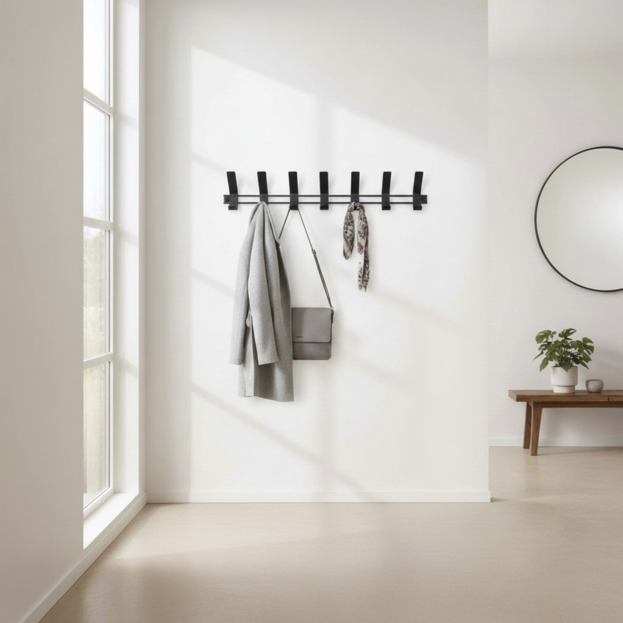 Garderobenleiste in Schwarz, Garderobe-Haken, Wandhaken, Schals/Gürtelhalter, Mantel, Platzsparend, Garderobenhaken, Wandgarderobe, Hakenleiste, Schwarz, Kleidungshaken