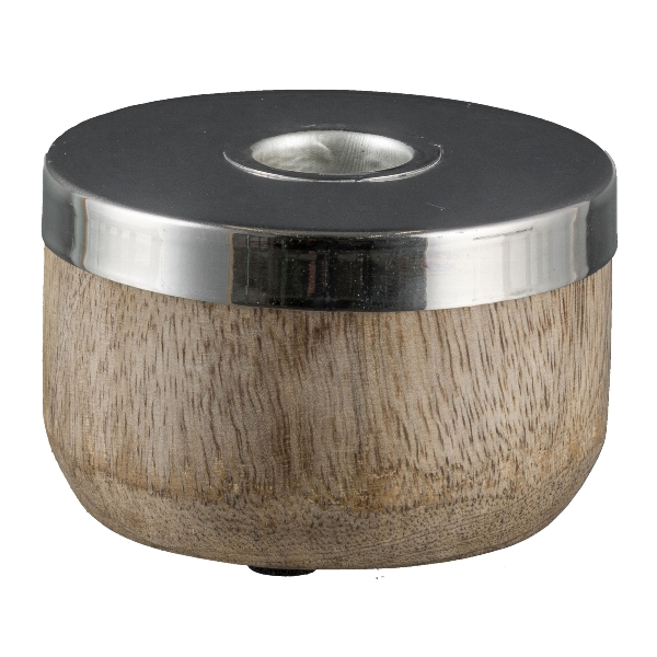 Holz-Kerzenhalter ca.5x8cm 5424523-49 in Silber / Metall Holz-Kerzenhalter ca.5x8cm 5424523-49 in Silber / Metall, wooden, caddy, lid, metal rim, round