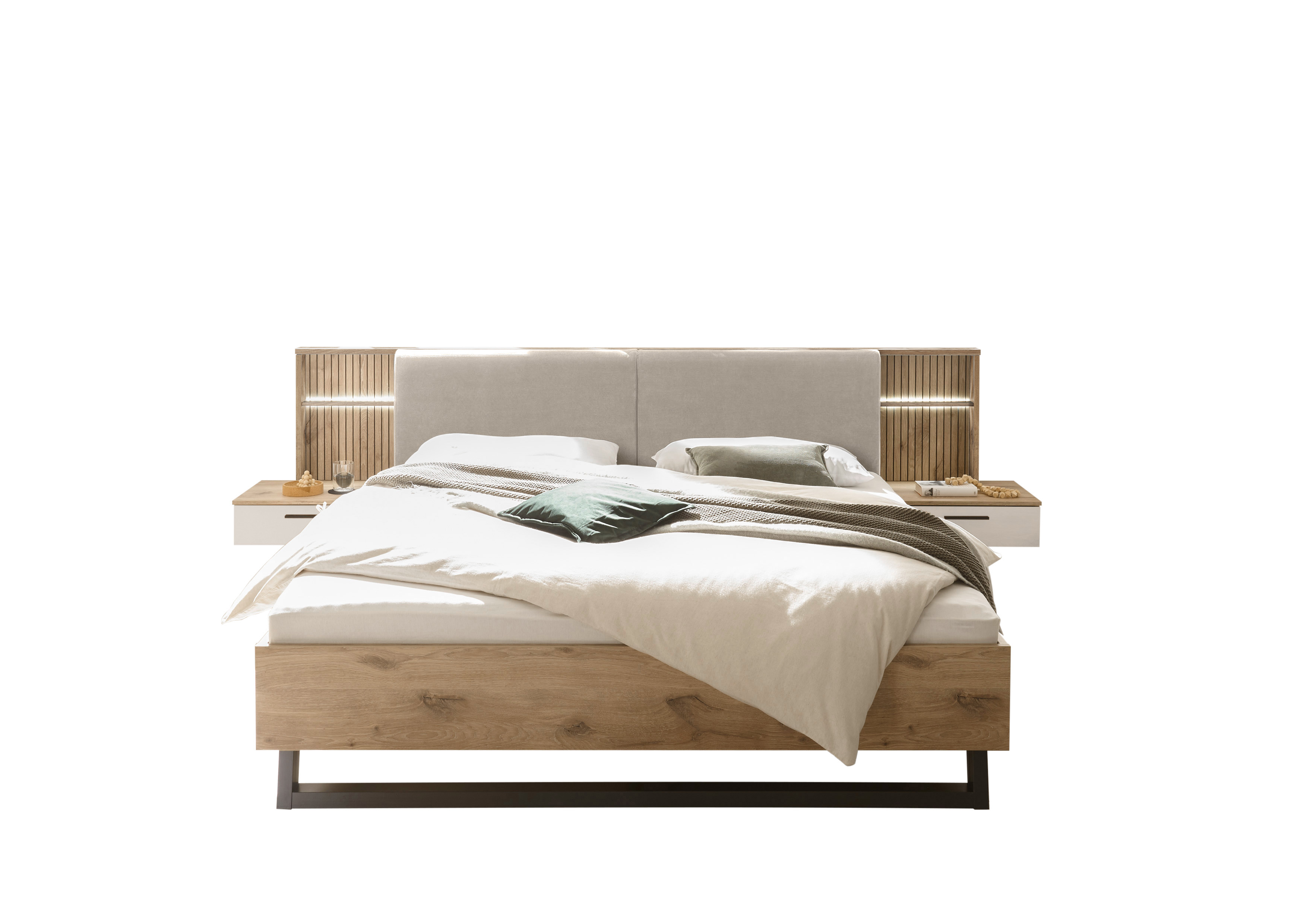 Pol Power Bettanlage LEO ca. B298 H99 T223 cm in Viking oak hell/weiß, Innenarchitektur, Mobiliar, Kissen, Dekoration für Zuhause, Bett