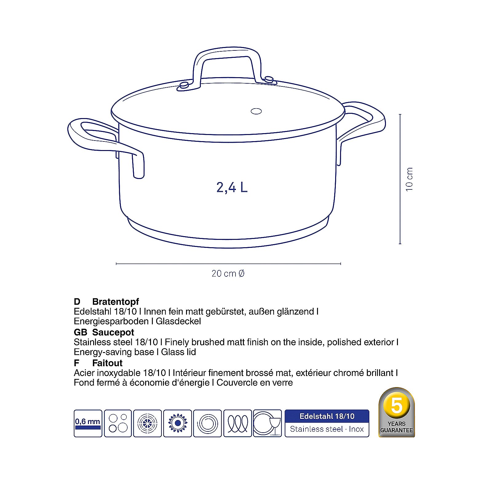 Kela Bratentopf Flavoria FLAVORIA in Silber Glänzend, Kochgeschirr, Topf, Kochtopf, Essen, Holländischer Ofen