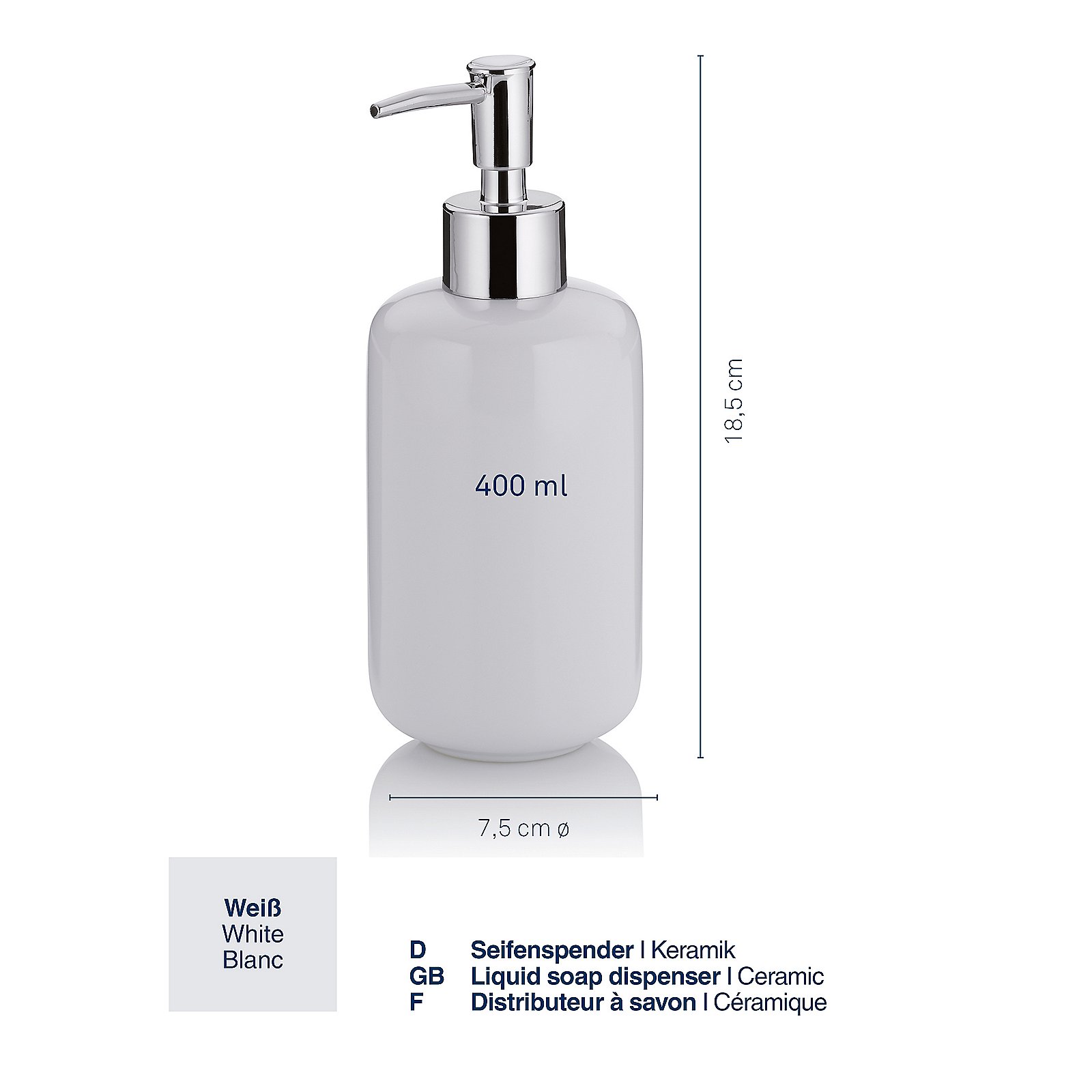 Kela Seifenspender Isabella Keramik Weiß, Seifenspender, Keramik, Weiß, 400 ml, Lackierter Chrome, Seifenspender, Ceramic, Weiß, 400 ml, Spender mit Pumpe