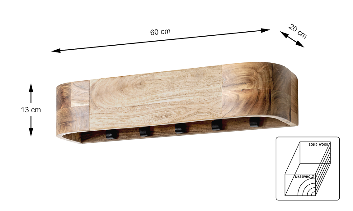 Haku Möbel Wandgarderobe ca. B60 H13 T20 cm in Massivholz naturbelassen, Holz, Sperrholz
