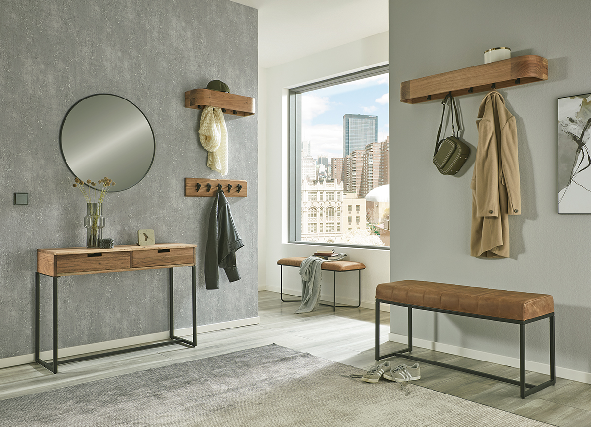 Wandgarderobe in Mehrfarbig, Dressing-Tisch, Runder Spiegel, Wandgarderobe, Bank, neutrale Töne, 玄关, 玄关柜, 镜子, 坐凳, 衣物架