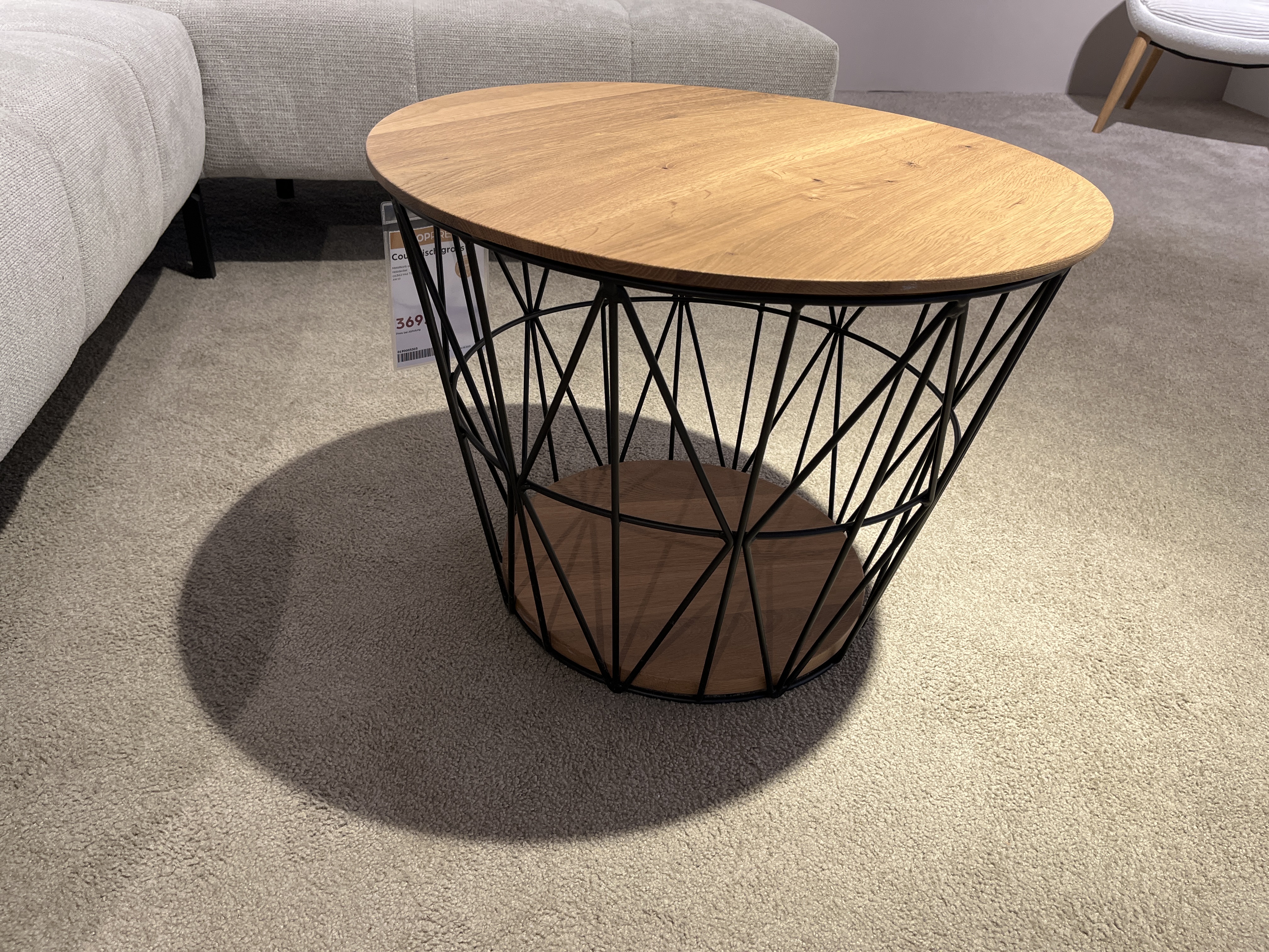 Hartmann Couchtisch gross NATURSTÜCKE in Metallkorb anthrazit, Couchtisch, ovale Holzplatte, schwarzes Metallgestell, Drahtgestell, Ablageboden