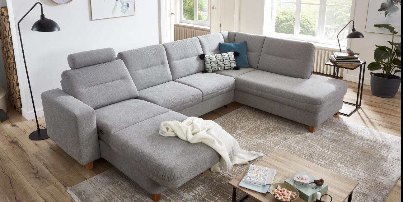  // Wohnlandschaft Cliff // Stoff Platingrau // Holzfuß Eiche geölt // Sitzcomfort Polyaetherschaum // ca. 300x198 cm, Sitzhöhe 46 cm, Moebel, Couch, Inneneinrichtung
