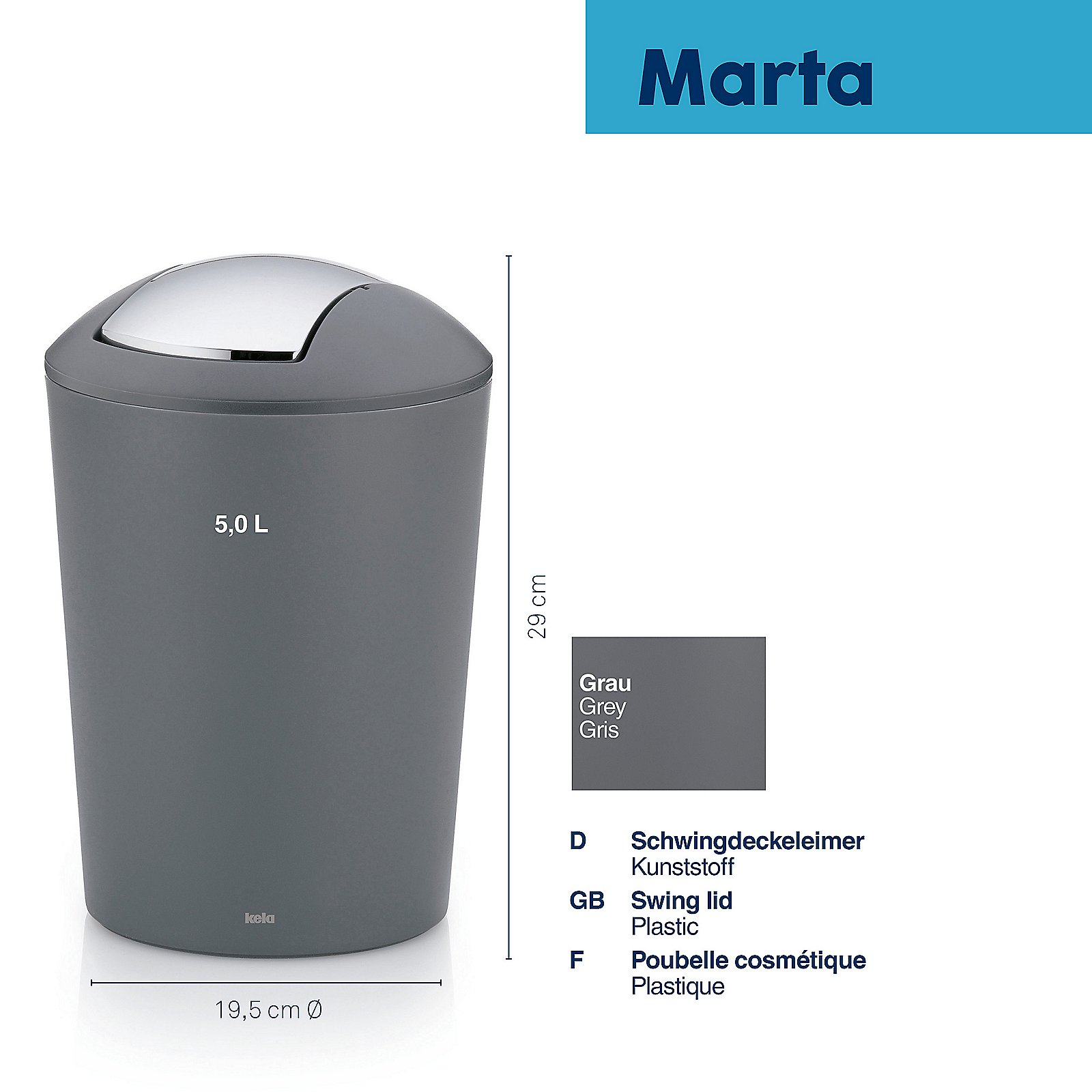 Kela Schwingdeckeleimer MARTA in Farbe Grau, Mülleimer, Schwingdeckel, Grau, Kunststoff, 5,0 L
