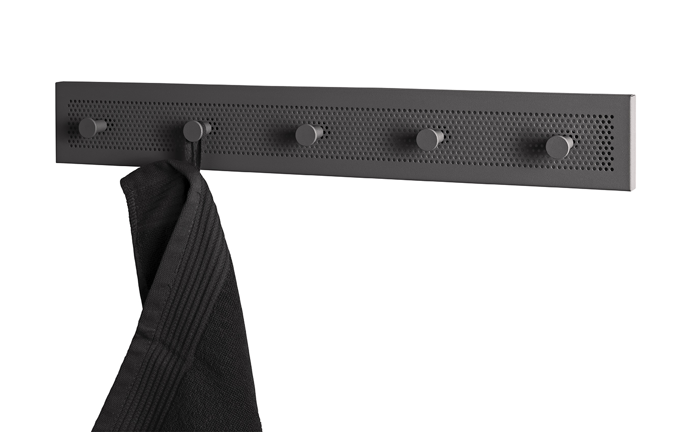 Garderobenleiste PEDRO in Schwarz, Garderobenleiste, Wandhaken, Schals, Schwarz, Metall, hakenleiste, kleiderhaken, wandmontage, stoffhaken, metallplatte