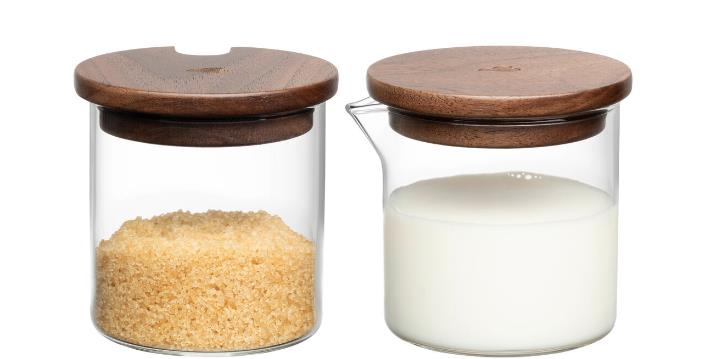 Leonardo GK/4tlg. Milch/Zucker Set NOVO in Klarglas mit Holzdeckel, Krug, Getränk, Milch