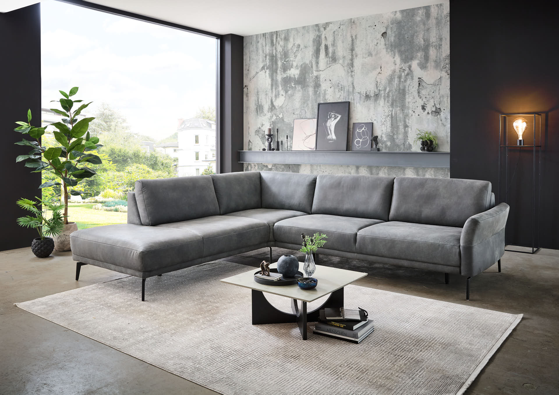 Polstergruppe PN-EM24126 ca. 298x254cm in Leder Aurelia graphit, Ecksofa, Großseite, Grau, Samt-/Kunstlederoptik, Wohnzimmer