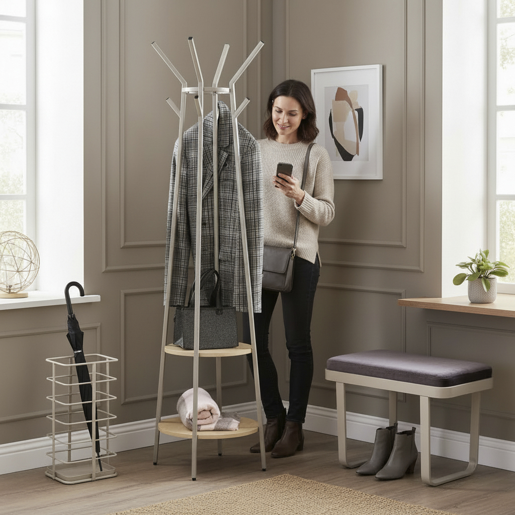 Garderobenständer PERTH in Farbe Eiche natur, Kaschmirbraun Haku Möbel Garderobenständer PERTH in Farbe Eiche natur, Kaschmirbraun, Garderobe, Mantelständer, Schalenset, Garderobenhaken, Schuhbank