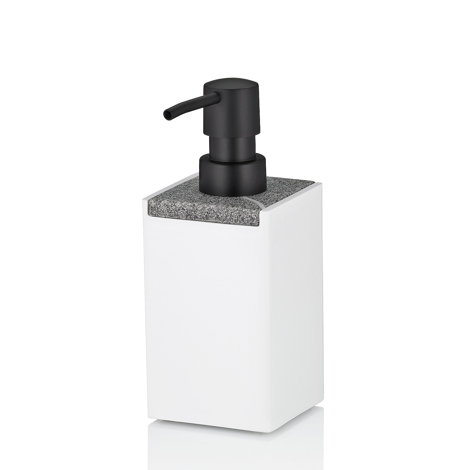 Kela Seifenspender Cube CUBE in Weiß, Seifenspender, Spender, Wandspender, Marmor-Gestell, schwarz, Seifenspender, Pumpe, Küchen-Bad-Accessoire, weißer Spender, Granit-Aufsatz