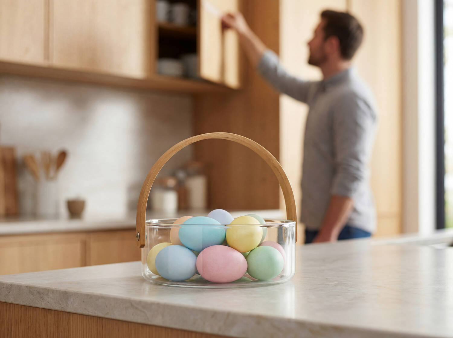 Leonardo Schale mit Henkel 18cm DOLCE in Farbe klar, Osterkorb, Glasbehälter, bunte Eier, Holzbügelgriff, Küchendekoration