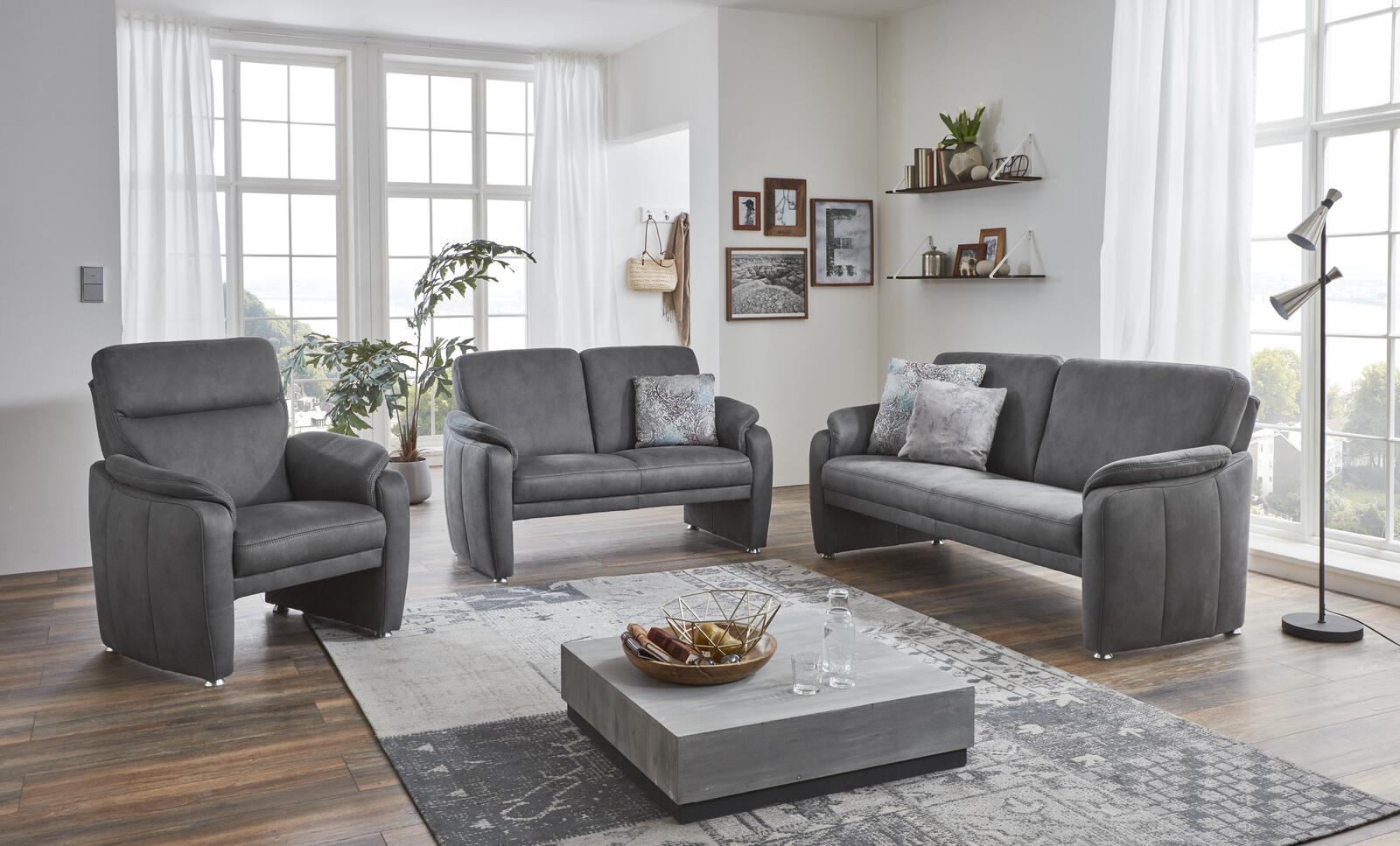Polstergarnitur BORNHOLM II in Grau, Wohnzimmermöbel, Sofas, Sessel, Samt-Optik, Wohnraum Dekor