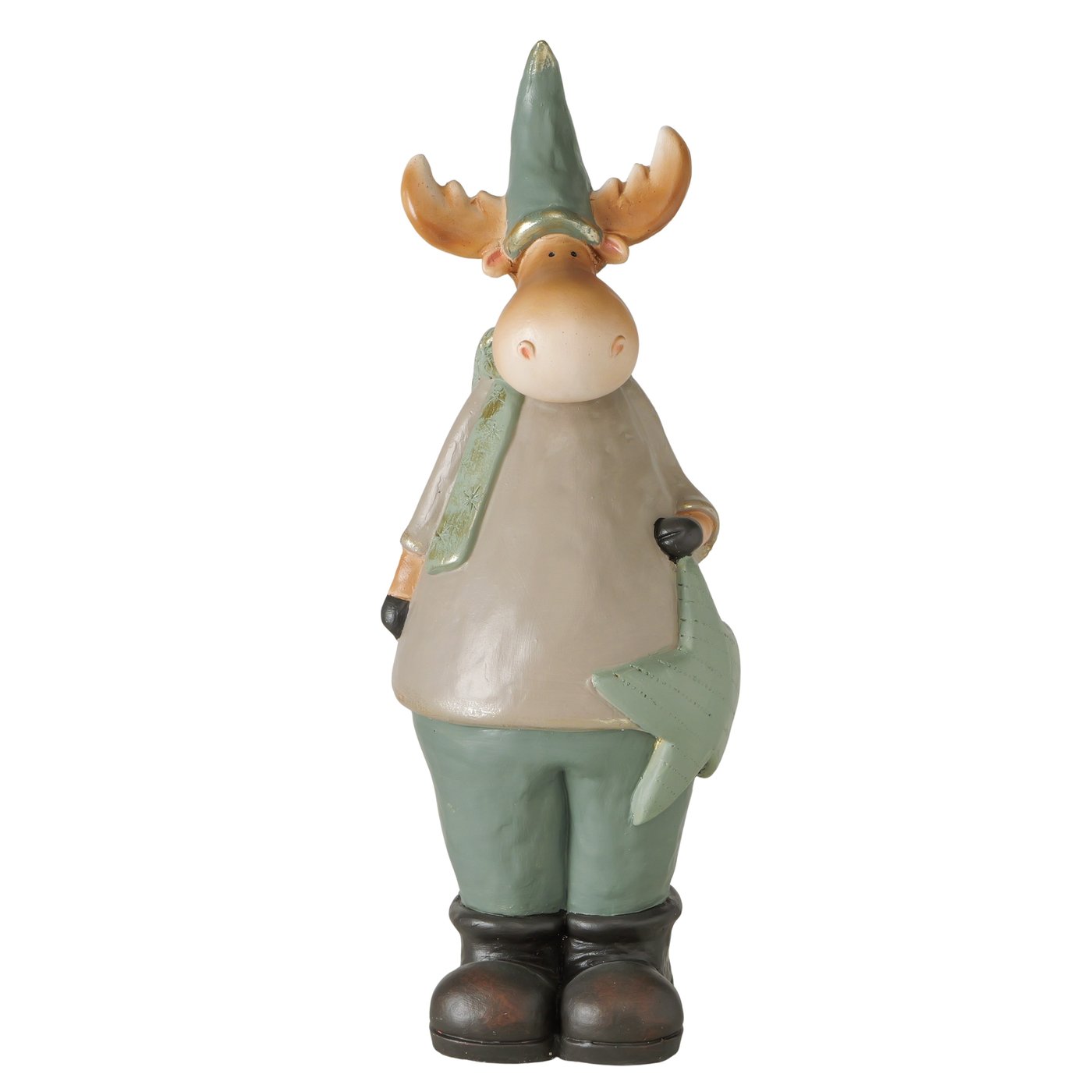 Boltze Figur Milan in Farbe Magnesia Farbmix, Elchfigur, Dekorationsfigur, grüne Kleidung, Zipfelmütze, Keramikoptik