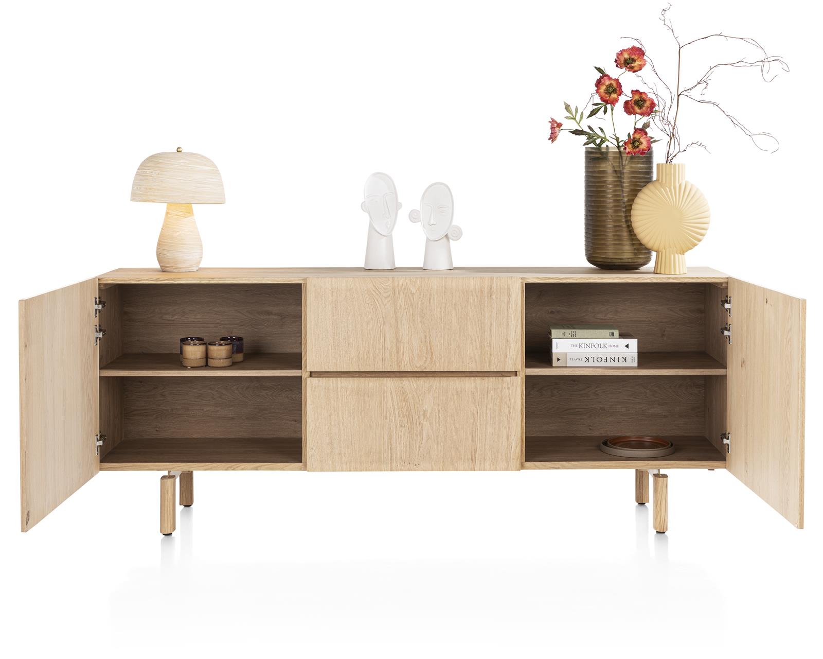  // Eiche furniert natural sand // Schubladen mit Platinlack matte Optik // ca.B200 H80 T42 cm, Sideboard, Holz, Schrank, Offene Regale, Dekorationsartikel