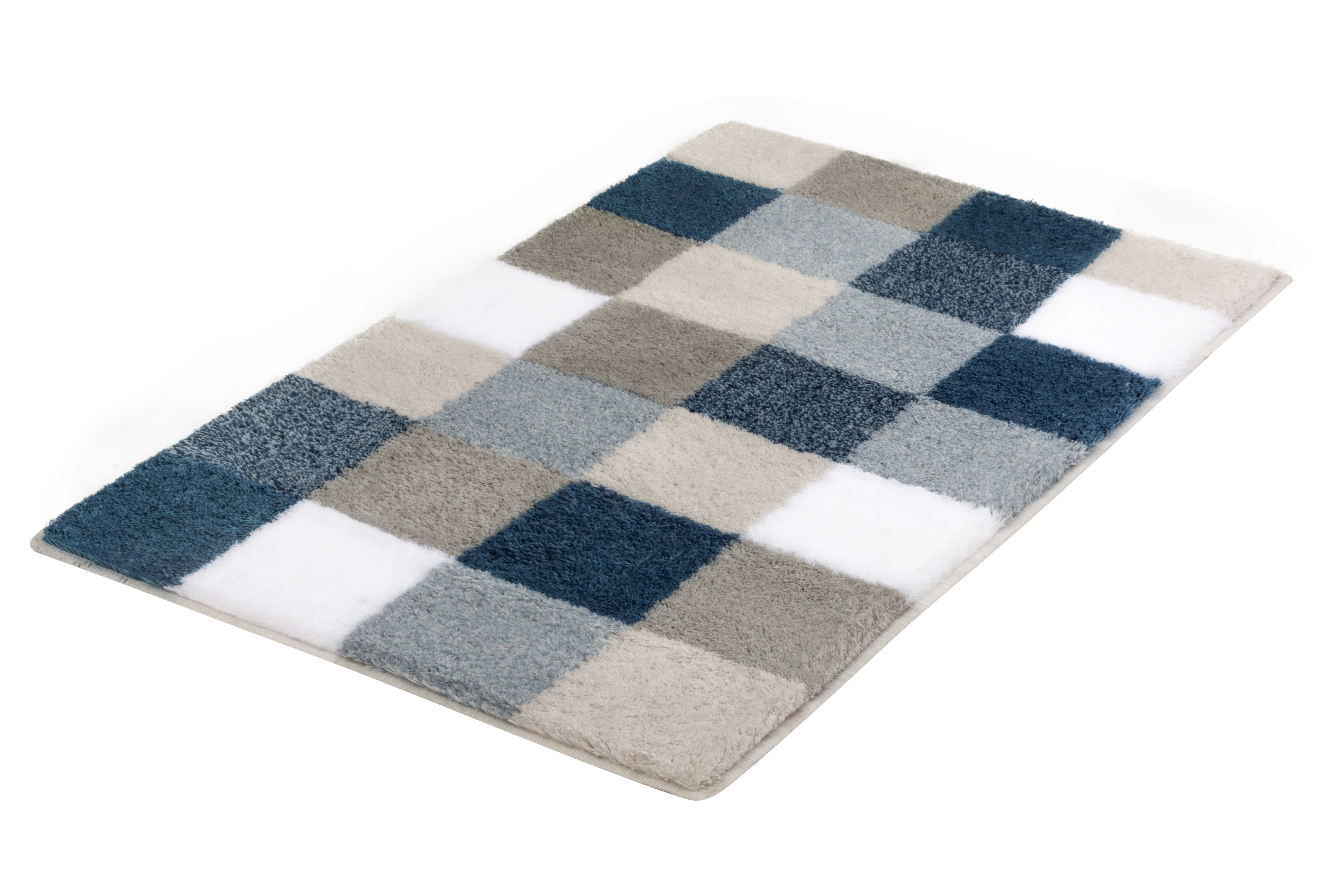 Kleine Wolke Badteppich CARO ca. 70x120cm in Farbe Mare, Teppich, Fliesenmuster?, Checkered Muster, Plüsch, Blau-Beige-Grau