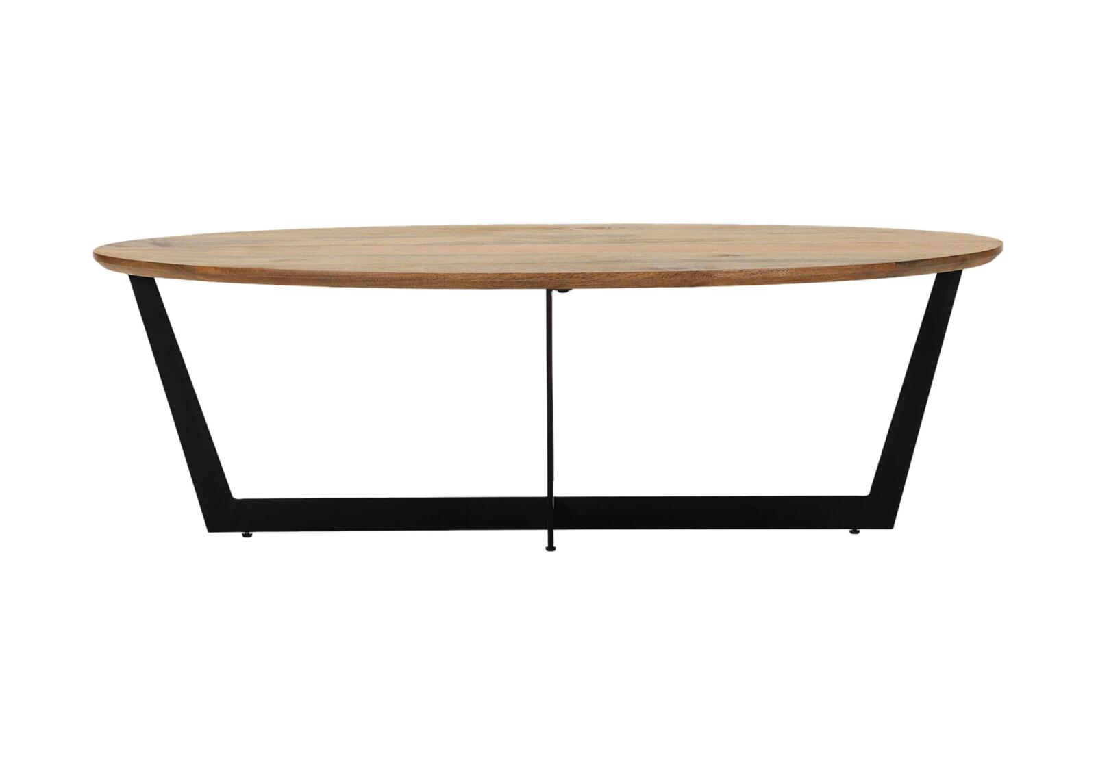  // Couchtisch // Platte Mango massiv natur, gebeizt und lackiert // Metallgestell schwarz // ca.130 x 70 cm, H42 cm // mit Schweizer Kante, Esstisch, Rund, Holzplatte, Metallbeine, Massivholz