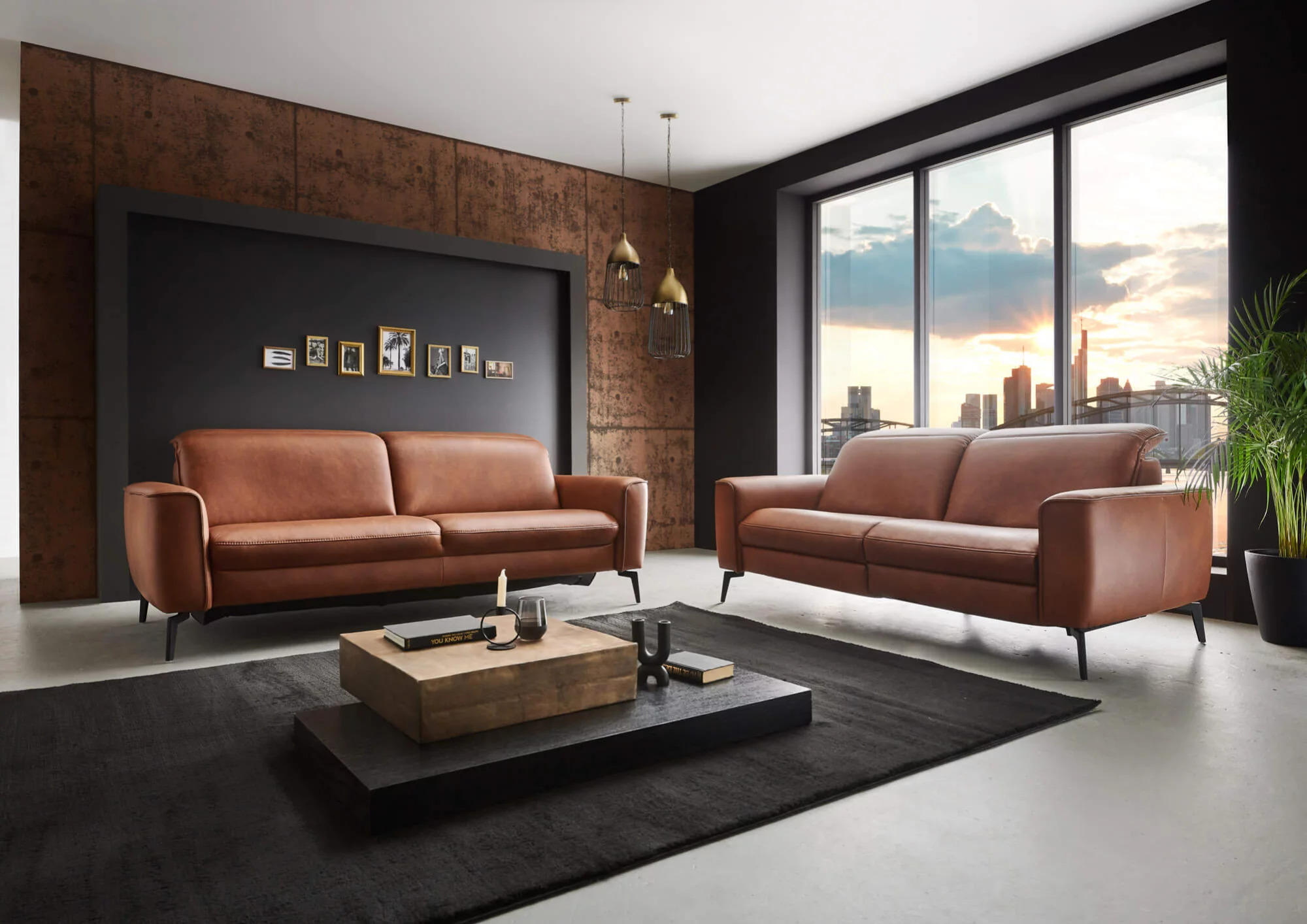 Hukla Sofa 2.5-sitzig HU-PC23005 ca. B192 T105 cm in Leder Cloudy cognac 60, Innenarchitektur, Wohnzimmer, Dekoration für Zuhause, Kaffeetisch, Couch