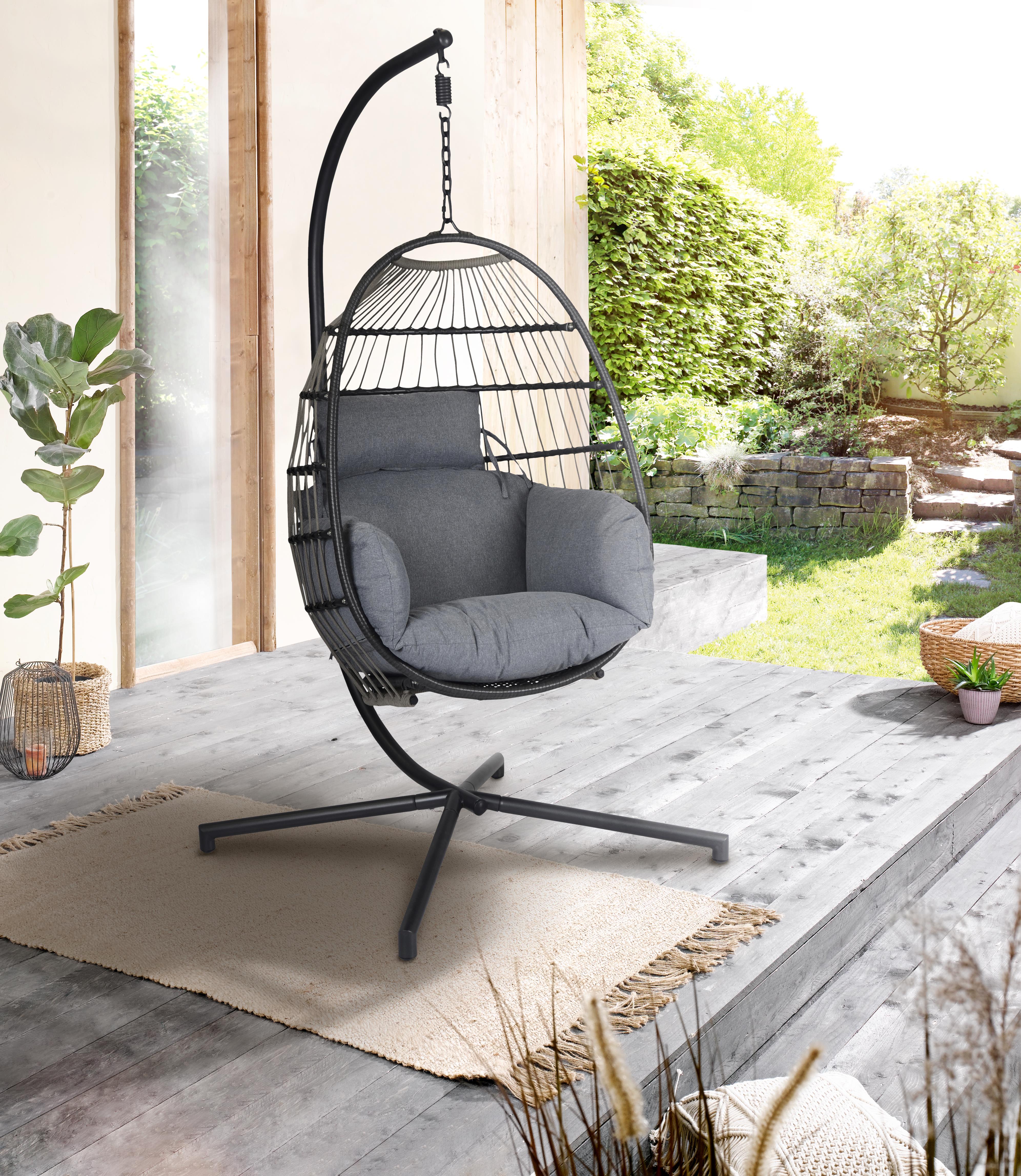 Lounge-Drehsessel in Grau, hängesessel, Gartenstuhl, Korbstuhl, Gestell, Kissen