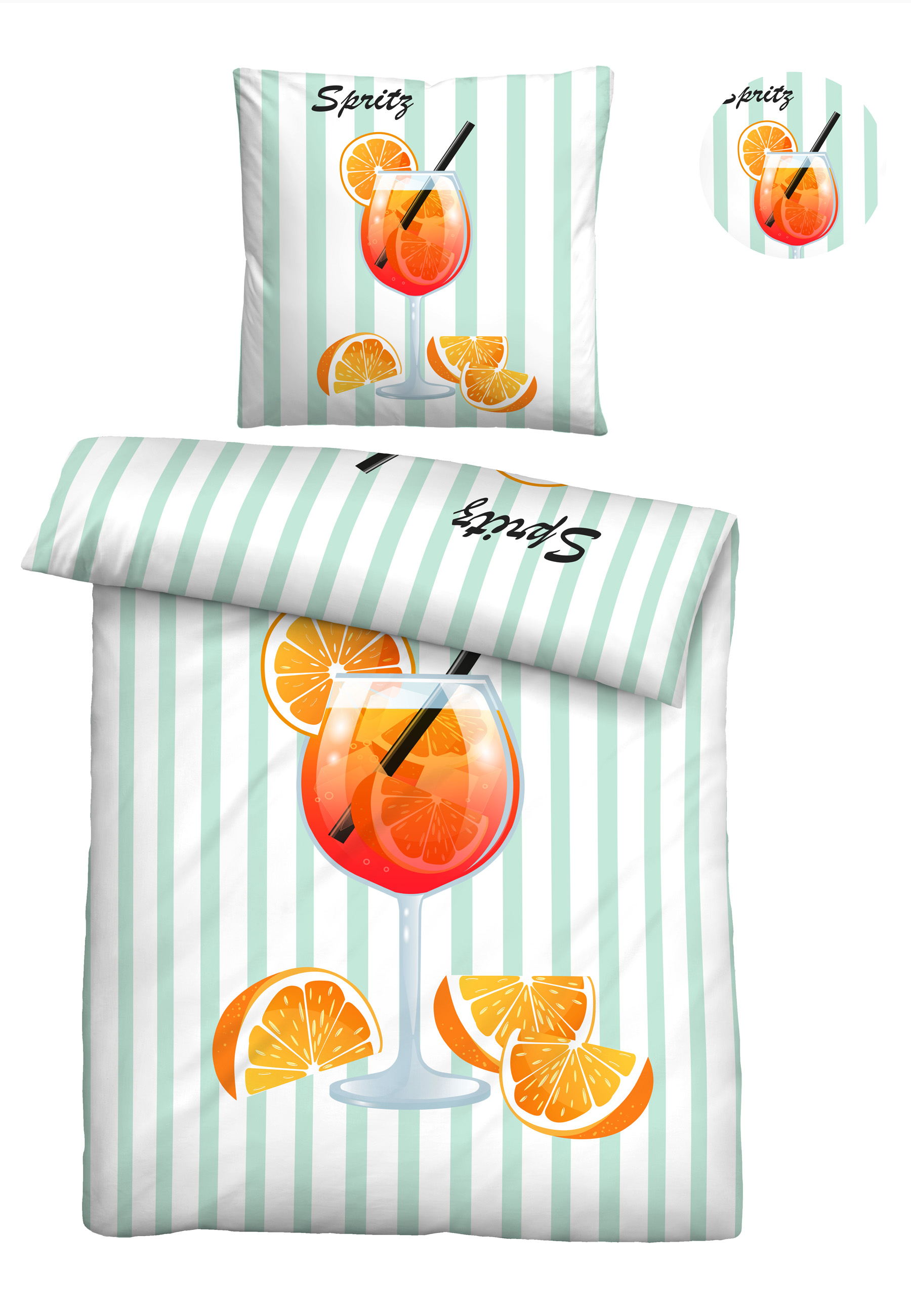 biberna LINON-Bettwäsche ca. 135x200cm in Farbe Mint, Kissenbezug, Kissen, Orangensaft-Glas, Zitrus, Streifenmuster
