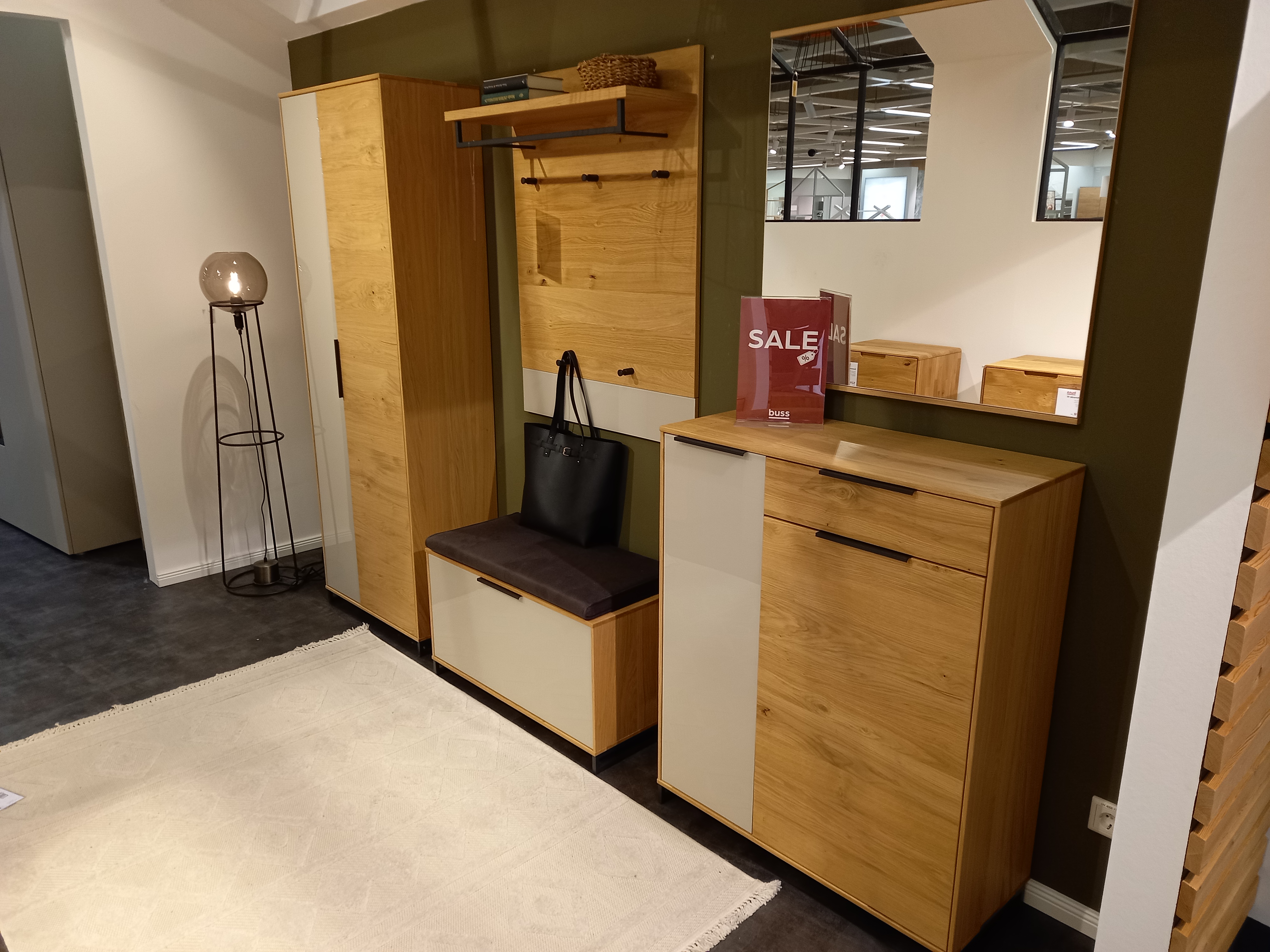 Garderobenkombi 6-teilig  in Eiche bianco/Balkeneiche furn., Flurmöbel, Eiche, Garderobenschrank, Schuhbank, Kommode