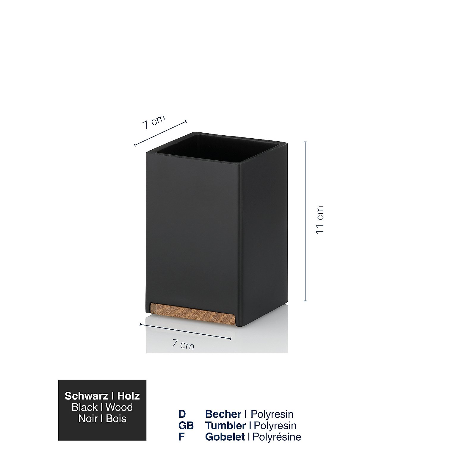 Kela Becher CUBE in Farbe schwarz, rechteckiger_stifthalter, schwarz, holzbasierte_fussplatte, polyresin, abmessungen_11x7x7_cm, Schwarz, Holz, Becher, Polyresin, Quadratisch