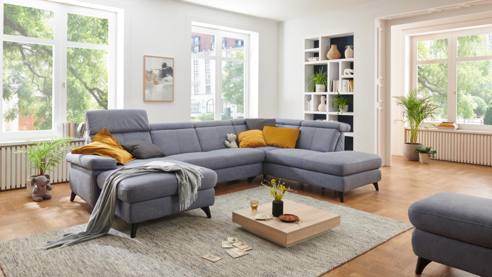 Polstergruppe RELAXA 10.0 PSG ca 319x228 cm in Stoff Bulus blau/grau, Dekoration für Zuhause, Couch, Mobiliar, Wohnzimmer, Tabelle