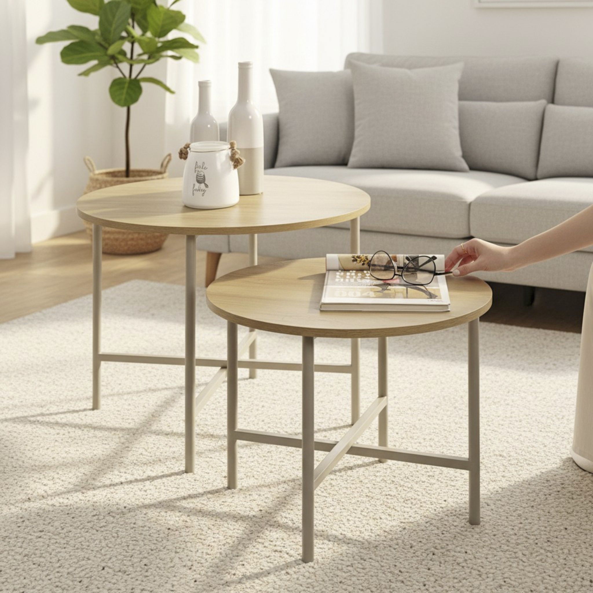 Haku Möbel Couchtisch DUA in Farbe Eiche natur, Kaschmir, couchtisch, beistelltisch, holztisch, runder tisch, wohnzimmertisch