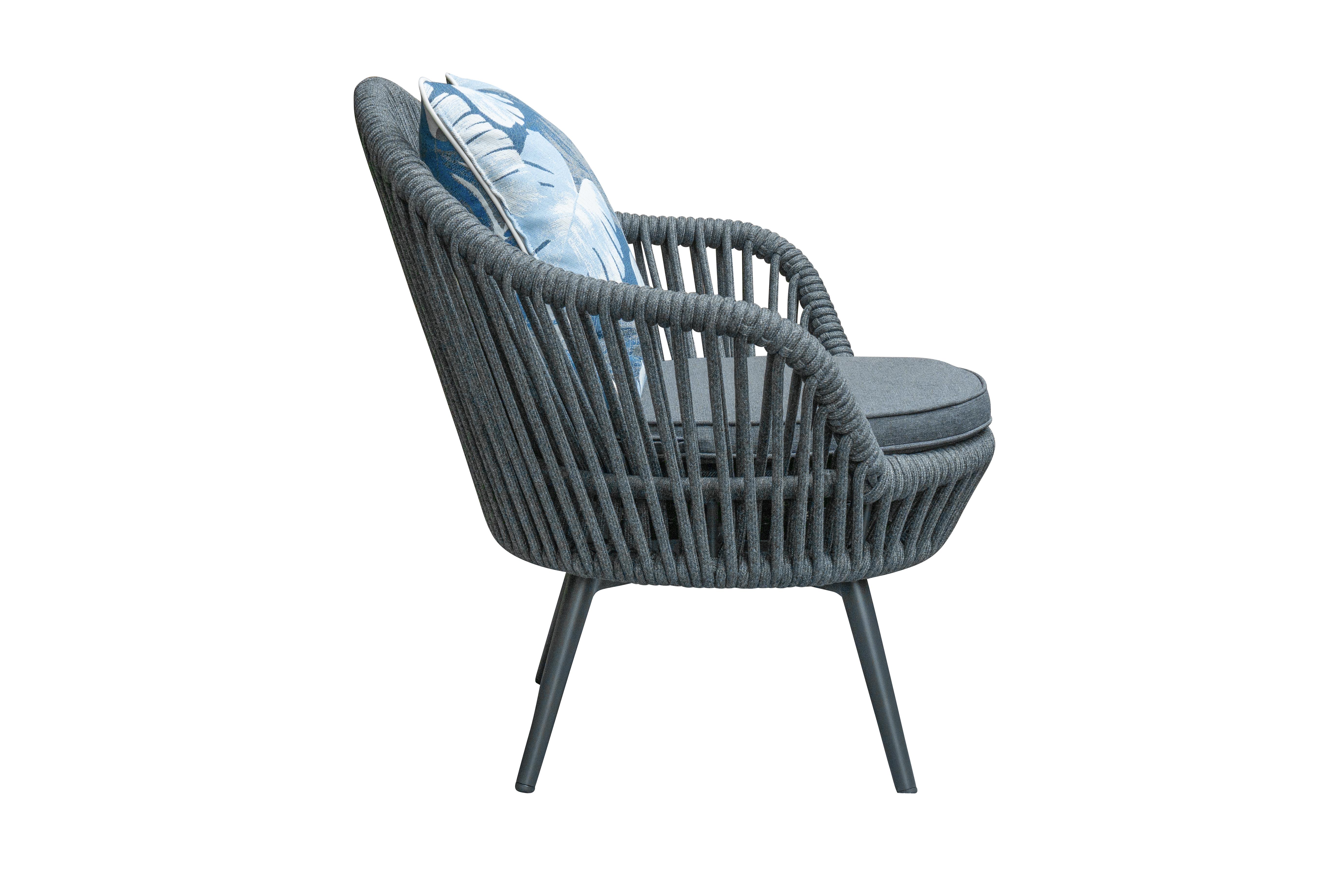 Drehsessel BARI in Schwarz, Sessel, Gartenstuhl, Rope-Stil, Kissen, Grau