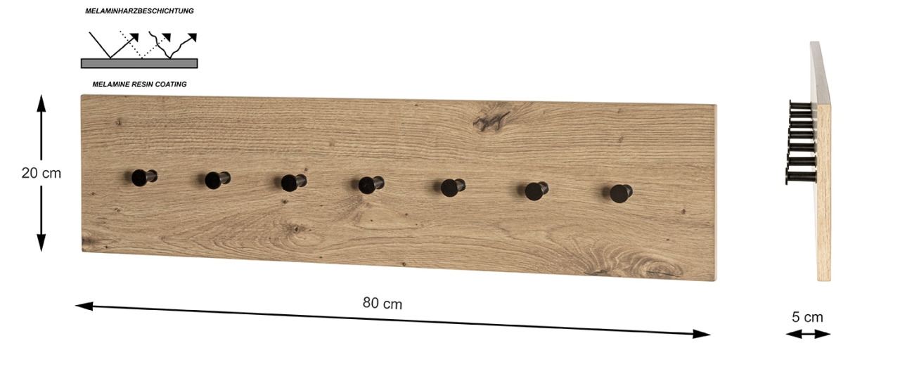 Haku Möbel Wandgarderobe ca. B80 H20 T5 cm in MDF Dekor Eiche hell mit , Sperrholz, Holz, Pinsel, Gerät, Werkzeug