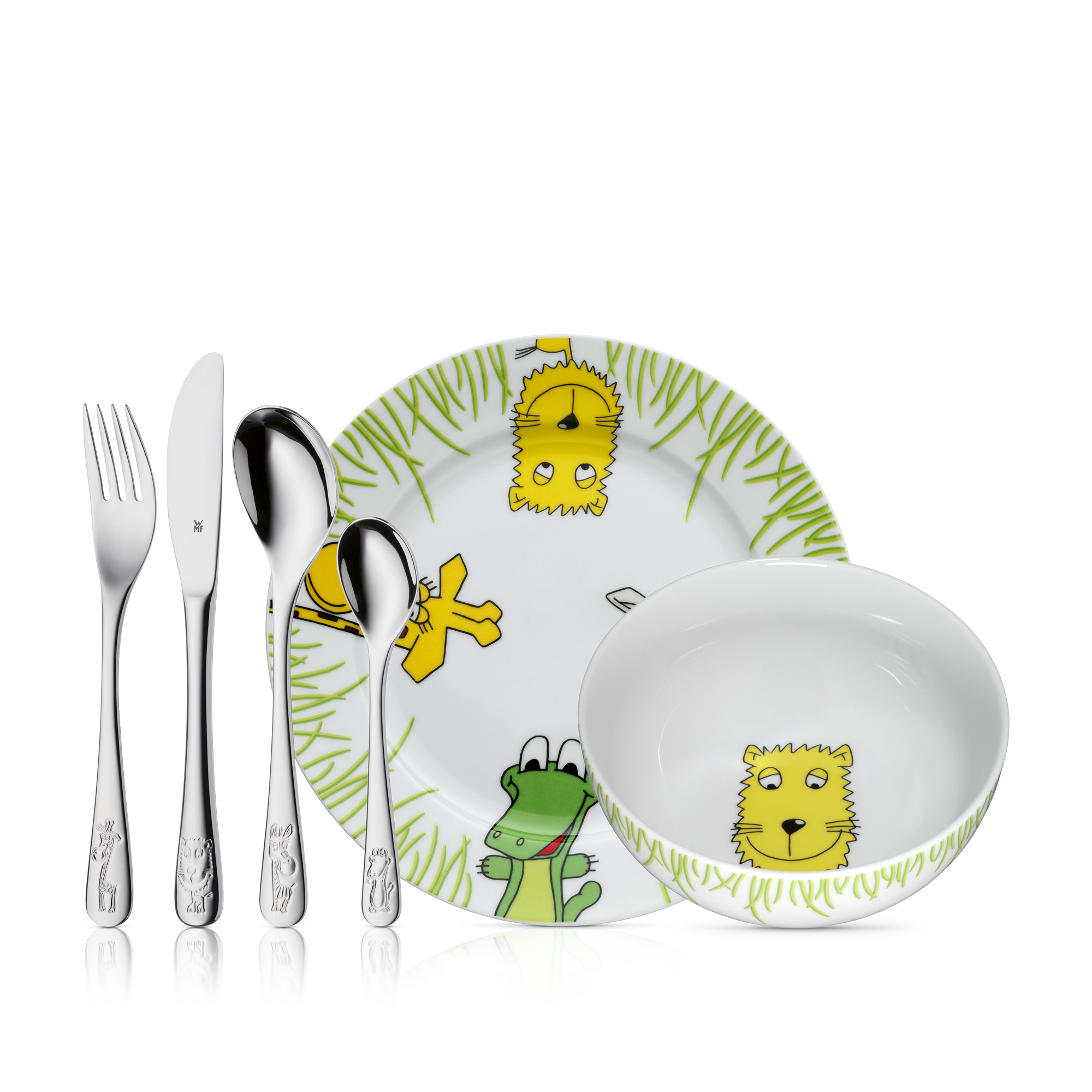 WMF Kindergeschirr-Set Safari, 6-teilig in poliertem Edelstahl WMF Kindergeschirr-Set Safari, 6-teilig in poliertem Edelstahl, Kinder-Geschirr, Essbesteck-Set, Teller-Bowl-Set, Motiv-Garnitur, Porzellan-Set